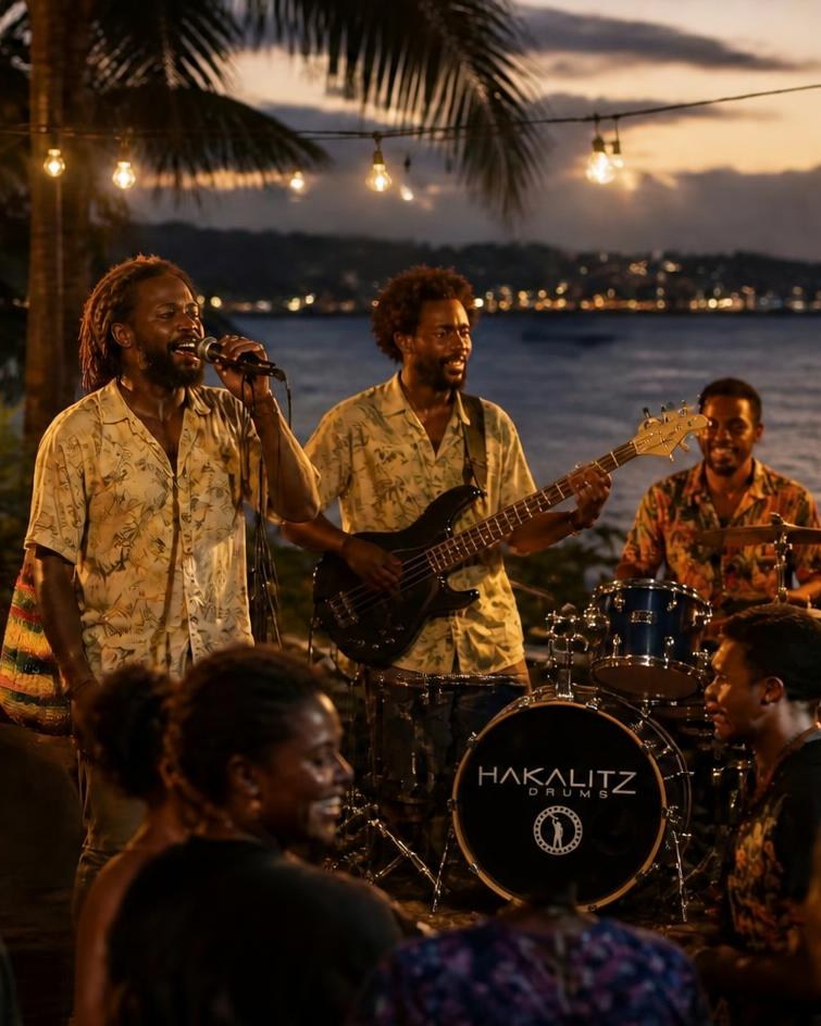 A Papua New Guinean island-reggae band playing on an outdoor stage at dusk